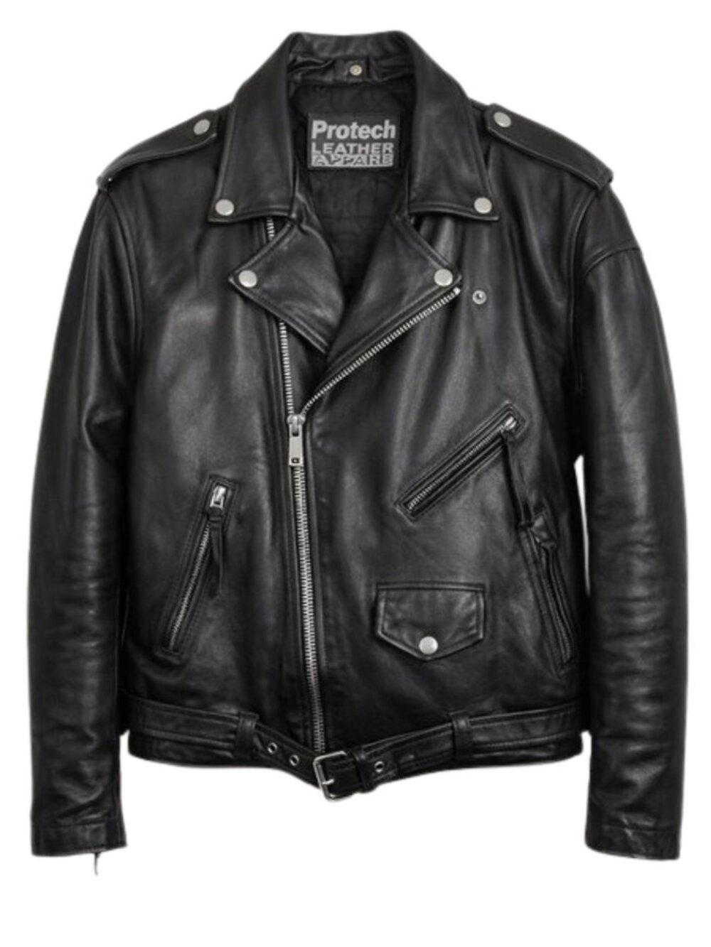 Vintage Protech Black Leather Double Rider Biker Motorcycle Jacket 46